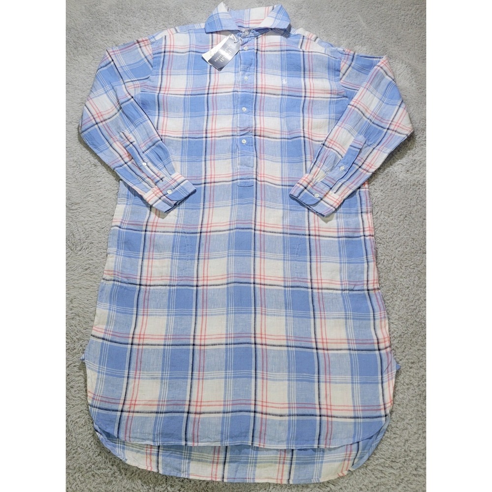 Polo Ralph Lauren Linen Shirt Dress Womens 4 Blue Plaid Moomoo Country Cottage
